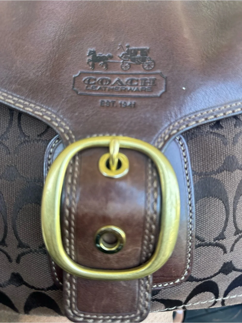 Coach Brown and Tan Signature Messenger Bag with Brass Buckle